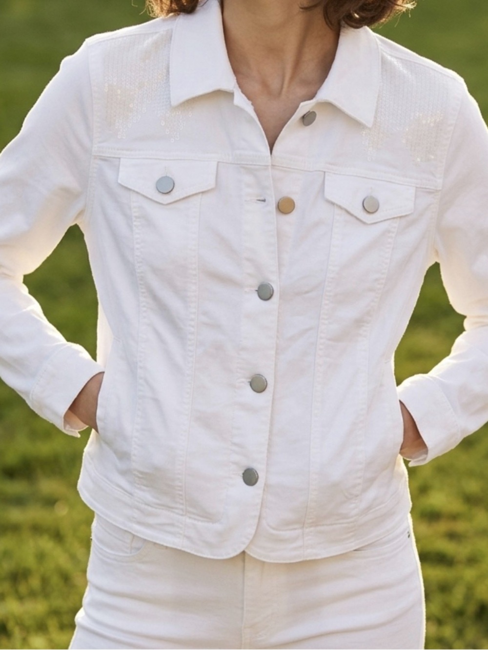 Alia White Denim Jean Jacket with Button Front